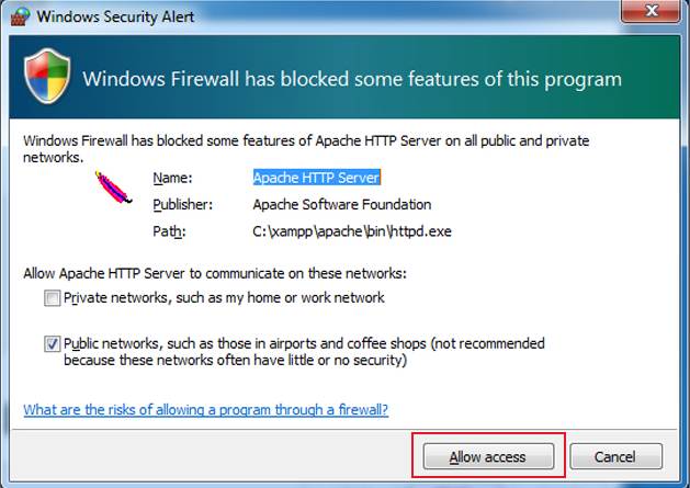 windows security alert on xampp