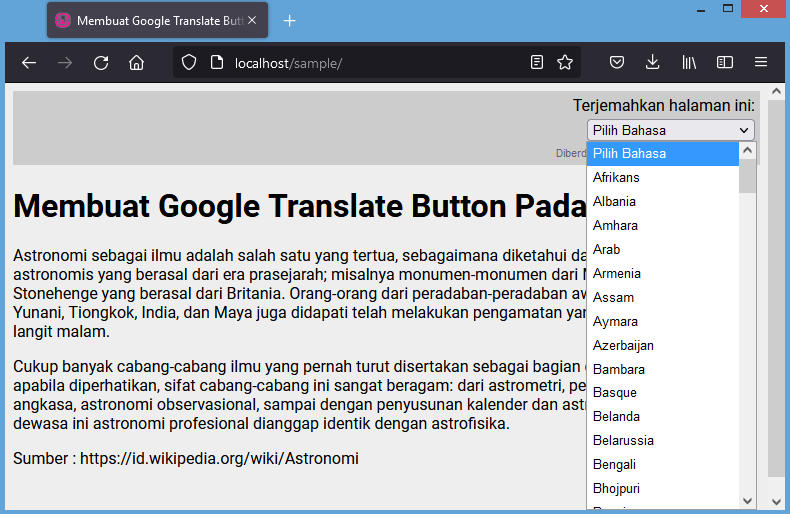 menu popup google translate button