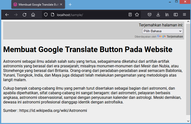 membuat google translate button pada website