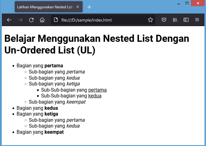 list bersarang html nested list