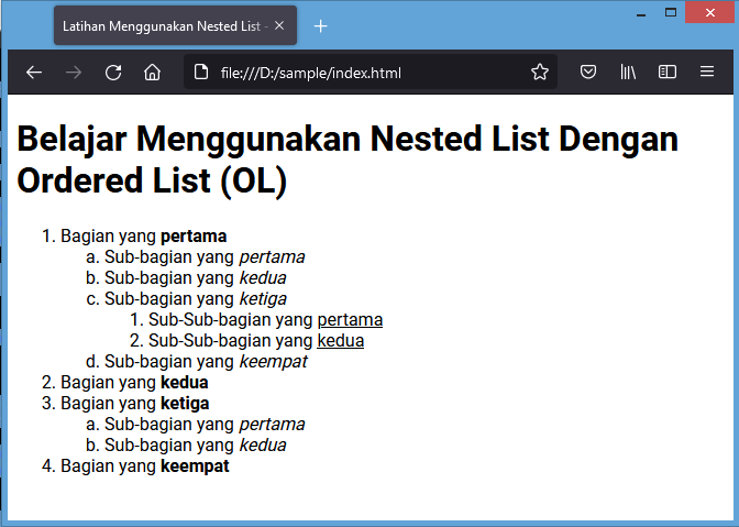 list bersarang html nested list